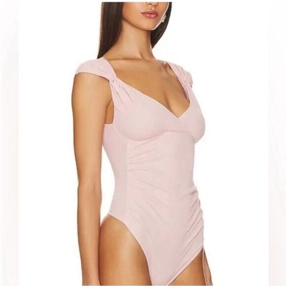 NWT Free People Another Love Stretchy Ribbed Thong Vneck Bodysuit Silver Pink XS - Picture 8 of 15
